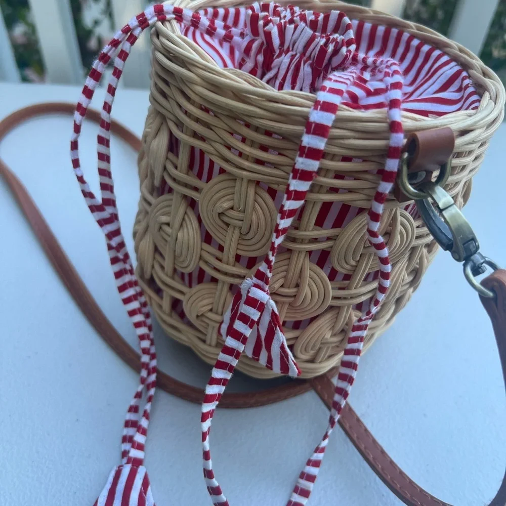 Anthropologie Woven Basket Mini Bag NWOT Rattan, Cotton lining Red/White cross - Picture 9 of 16